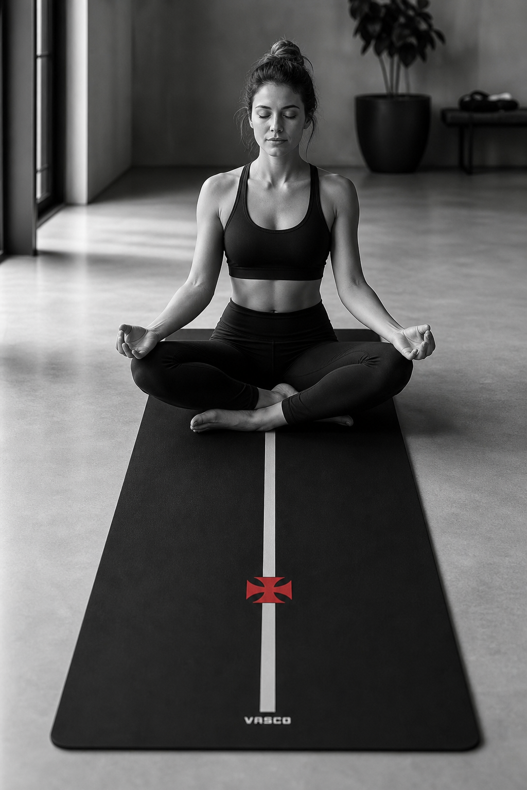 Torcedora em prática de yoga sobre o tapete oficial Vasco