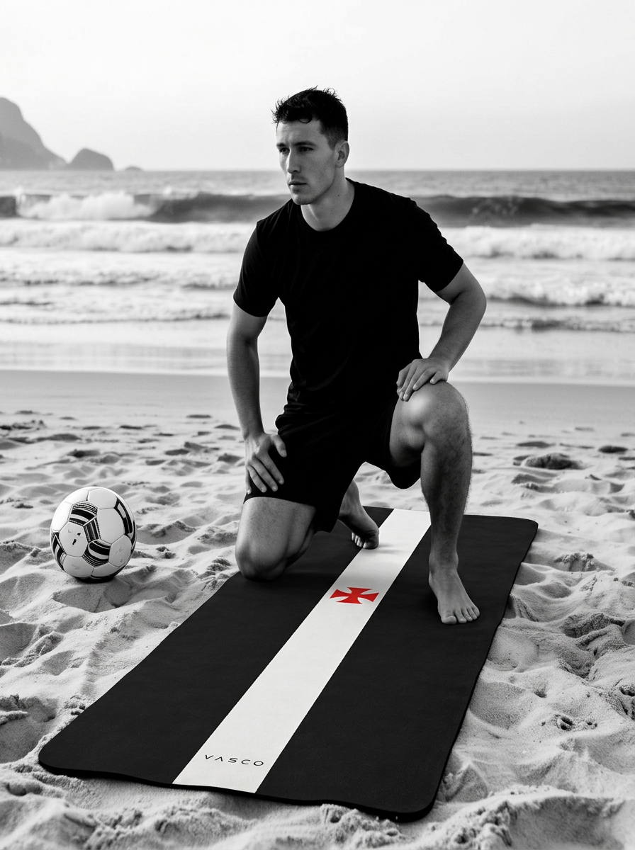 Atleta de beach soccer em ativação sobre tapete Vasco